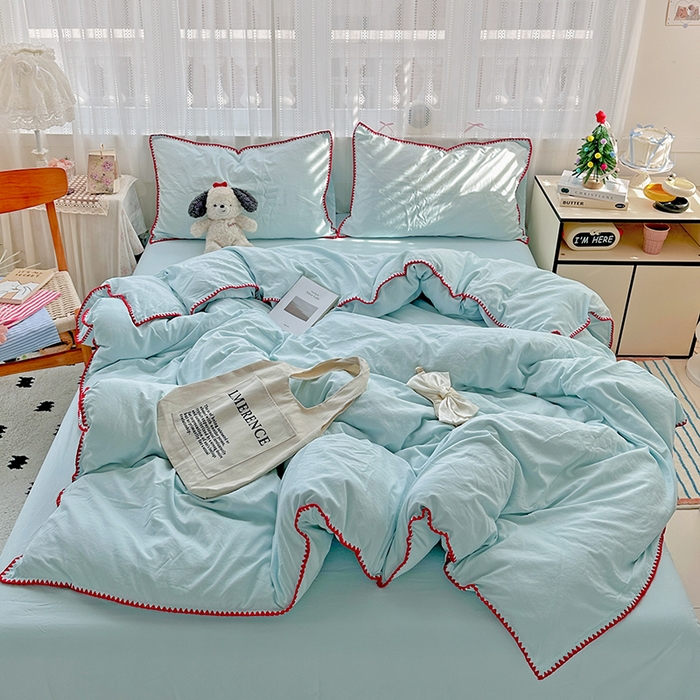 91家纺网 家纺一手货源 找家纺 繁花家居 2025新款高克重云朵棉贝壳边系列四件套 绵绵-浅蓝