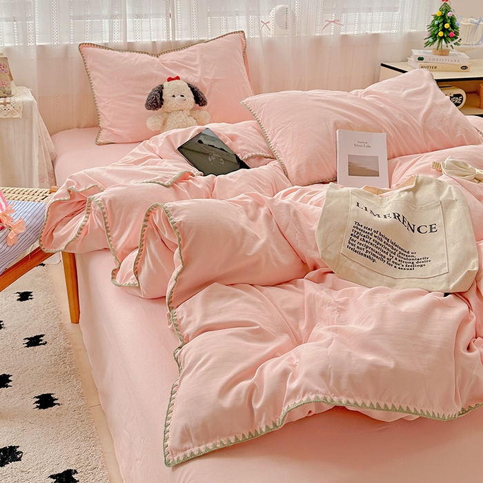 91家纺网 家纺一手货源 找家纺 繁花家居 2025新款高克重云朵棉贝壳边系列四件套 绵绵-柔粉