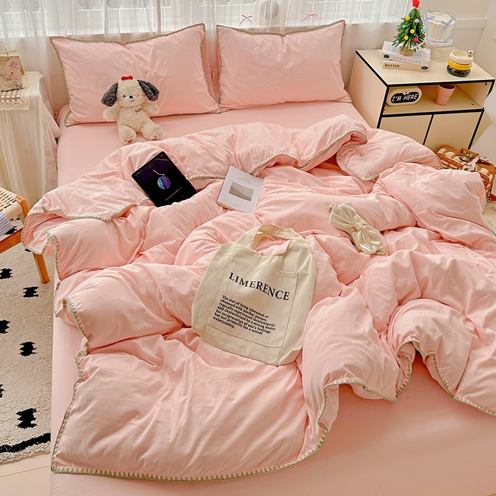 91家纺网 家纺一手货源 找家纺 繁花家居 2025新款高克重云朵棉贝壳边系列四件套 绵绵-柔粉