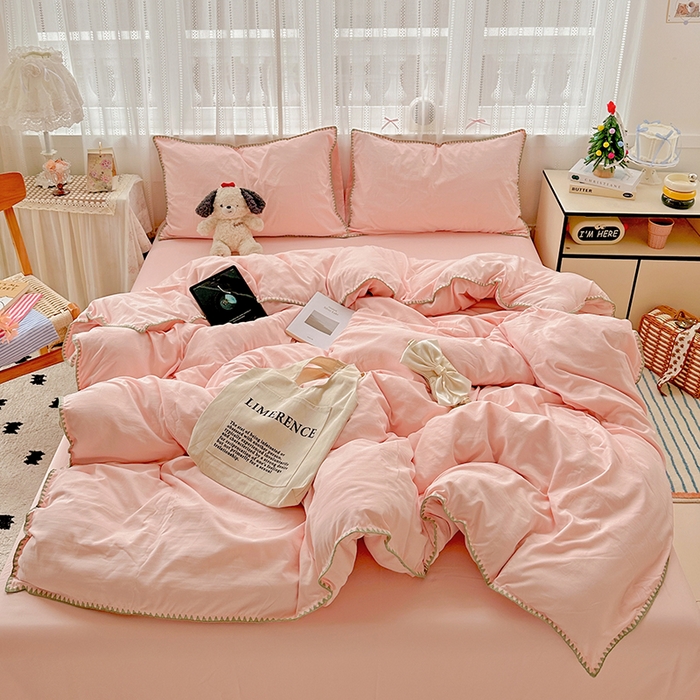 91家纺网 家纺一手货源 找家纺 繁花家居 2025新款高克重云朵棉贝壳边系列四件套 绵绵-柔粉