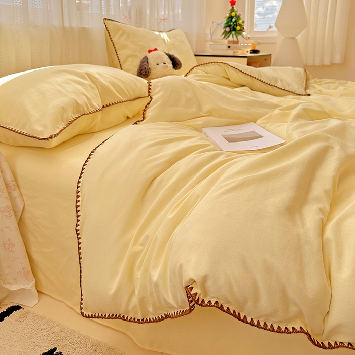 91家纺网 家纺一手货源 找家纺 繁花家居 2025新款高克重云朵棉贝壳边系列四件套 绵绵-羽黄