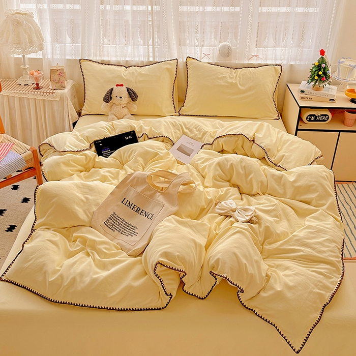 91家纺网 家纺一手货源 找家纺 繁花家居 2025新款高克重云朵棉贝壳边系列四件套 绵绵-羽黄