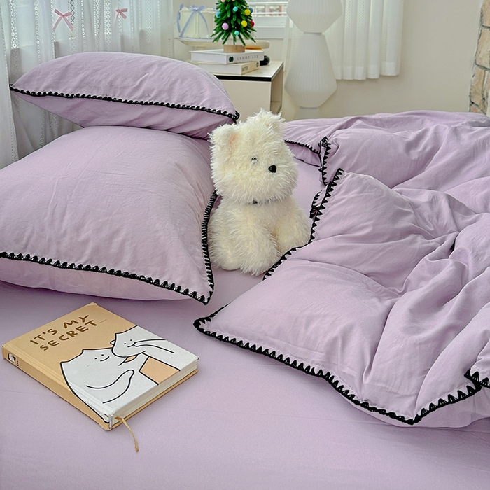 91家纺网 家纺一手货源 找家纺 繁花家居 2025新款高克重云朵棉贝壳边系列四件套 绵绵-芋紫