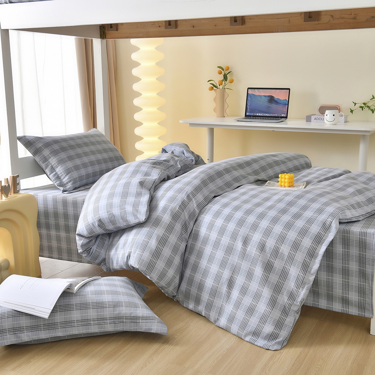 91家纺网 家纺一手货源 找家纺 优尚 2025全棉纯棉磨毛喷气印花学生三件套 雅韵灰格