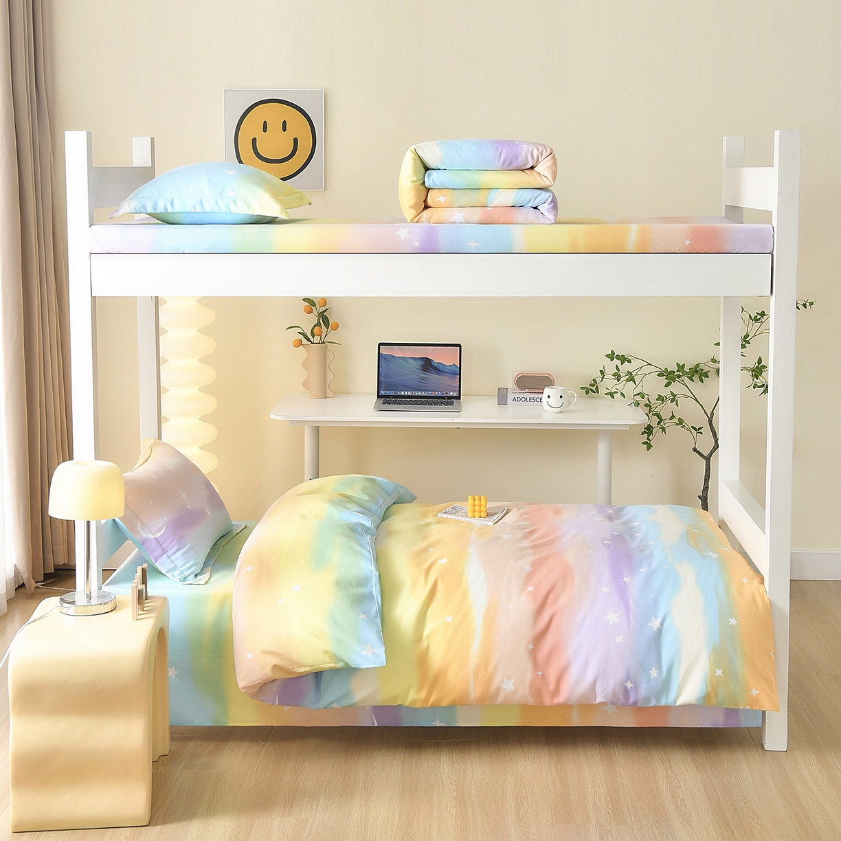 91家纺网 家纺一手货源 找家纺 优尚 2025全棉纯棉磨毛喷气印花学生三件套 缤纷彩虹