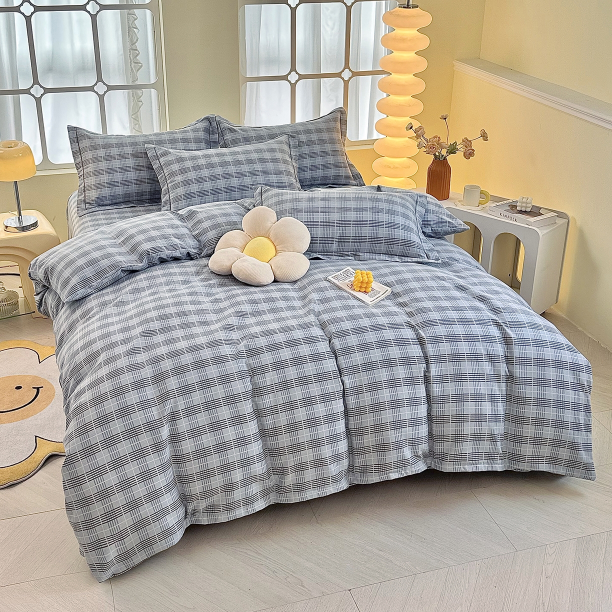 91家纺网 家纺一手货源 找家纺 优尚家纺 2025新款全棉磨毛纯棉喷气印花清新轻奢款四件套 雅韵灰格