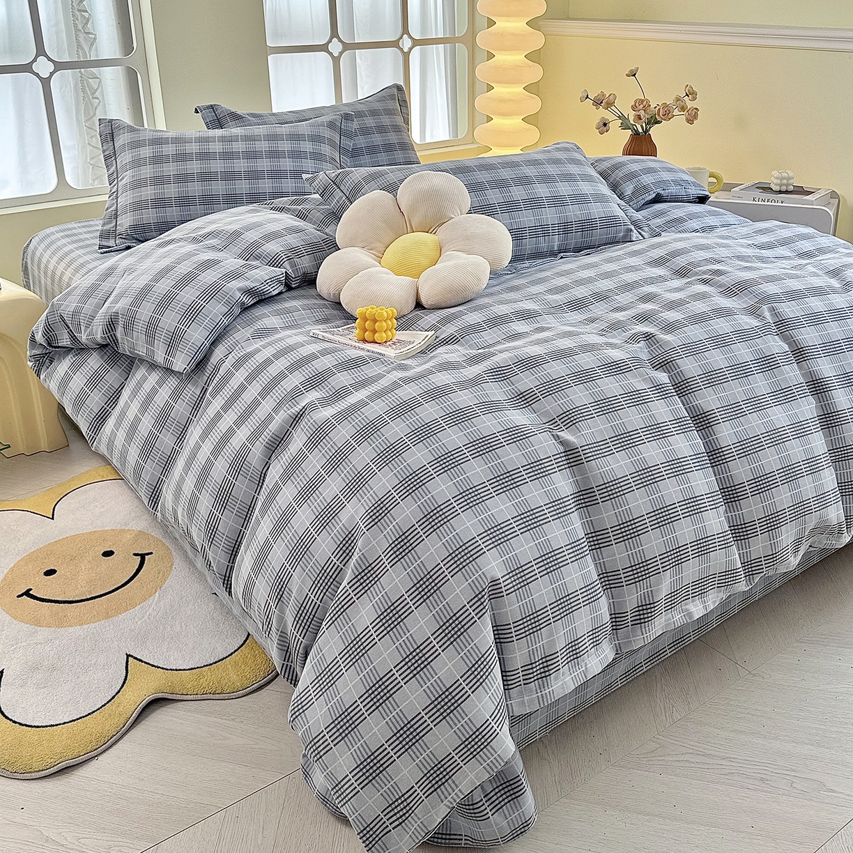 91家纺网 家纺一手货源 找家纺 优尚家纺 2025新款全棉磨毛纯棉喷气印花清新轻奢款四件套 雅韵灰格