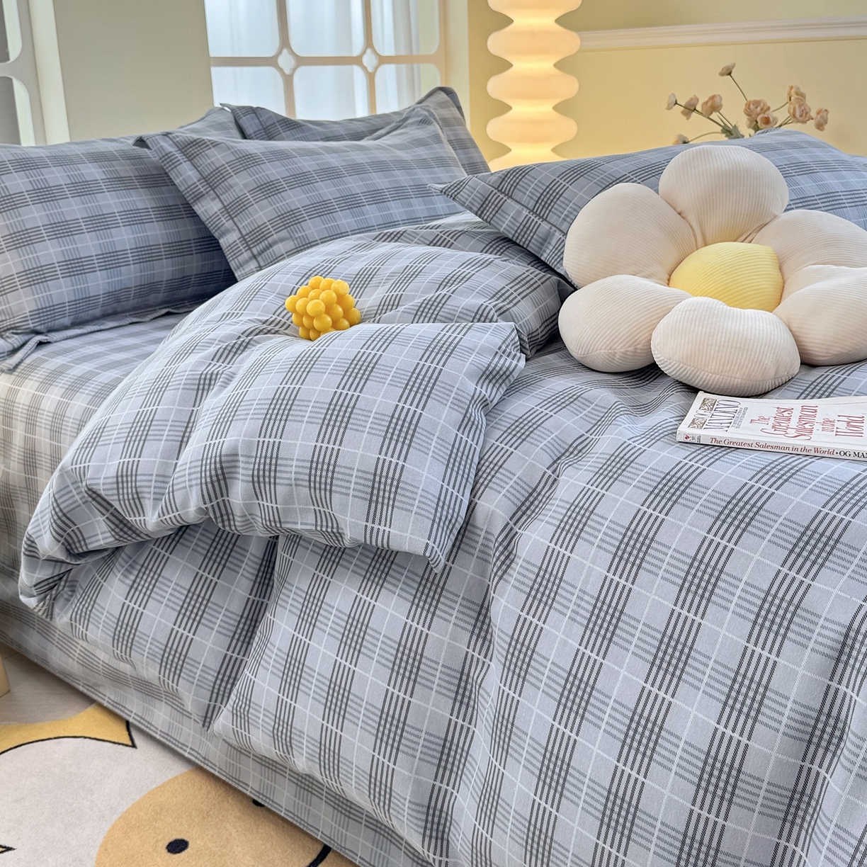 91家纺网 家纺一手货源 找家纺 优尚家纺 2025新款全棉磨毛纯棉喷气印花清新轻奢款四件套 雅韵灰格