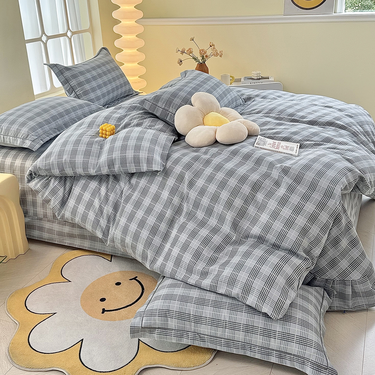 91家纺网 家纺一手货源 找家纺 优尚家纺 2025新款全棉磨毛纯棉喷气印花清新轻奢款四件套 雅韵灰格