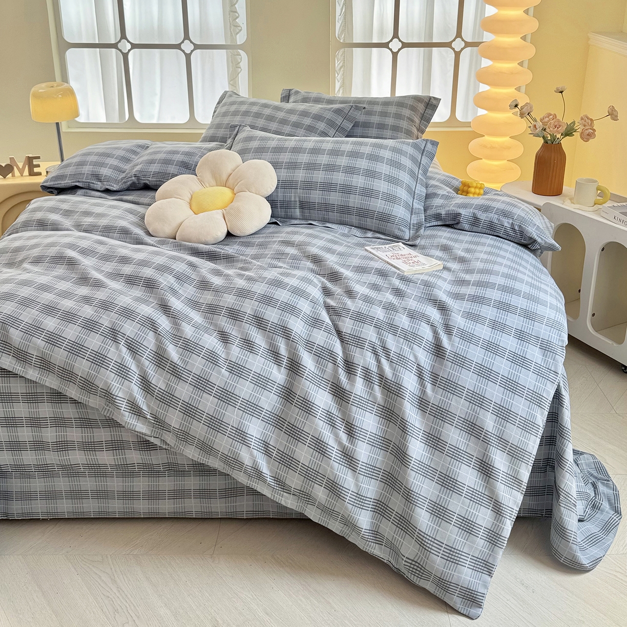 91家纺网 家纺一手货源 找家纺 优尚家纺 2025新款全棉磨毛纯棉喷气印花清新轻奢款四件套 雅韵灰格