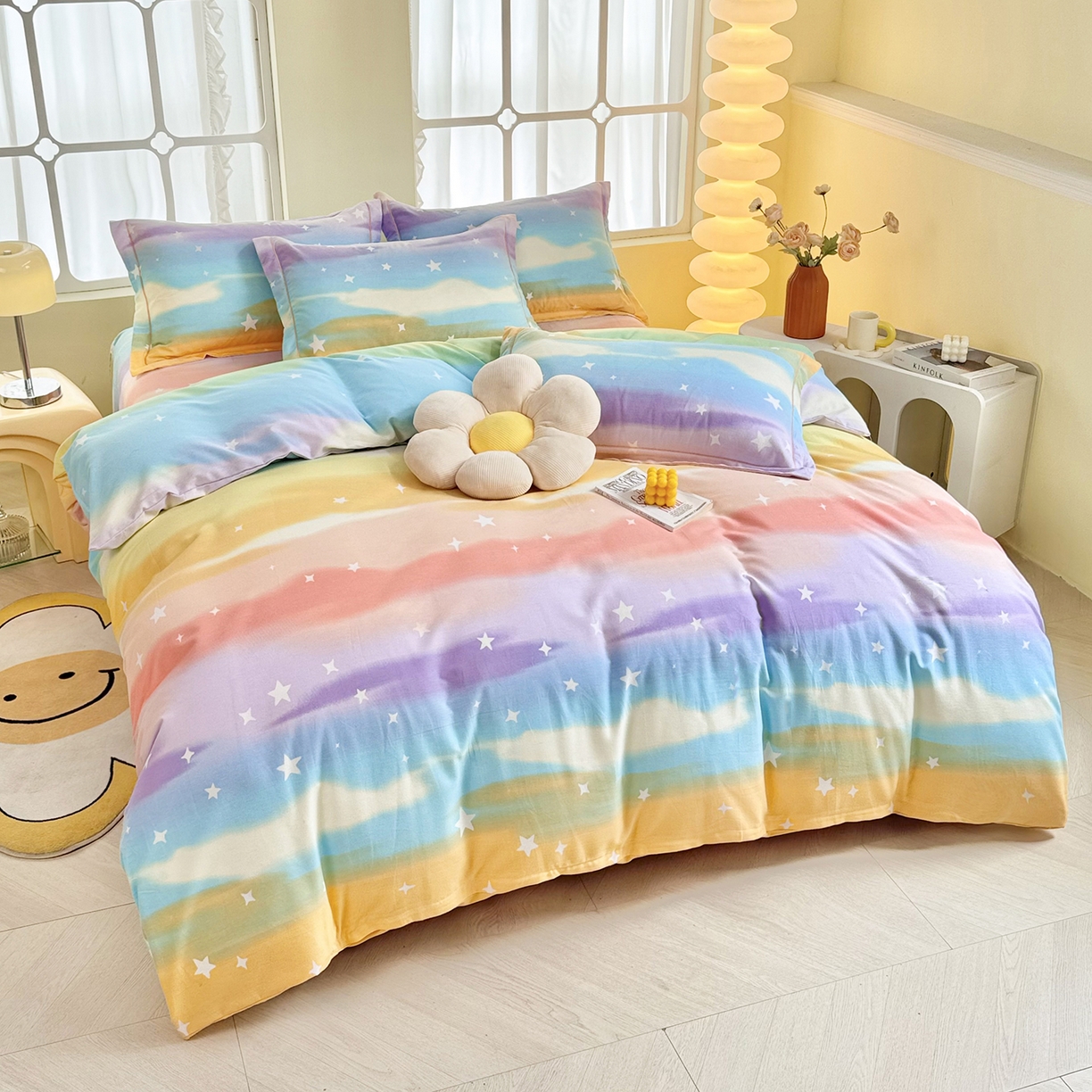 91家纺网 家纺一手货源 找家纺 优尚家纺 2025新款全棉磨毛纯棉喷气印花清新轻奢款四件套 缤纷彩虹