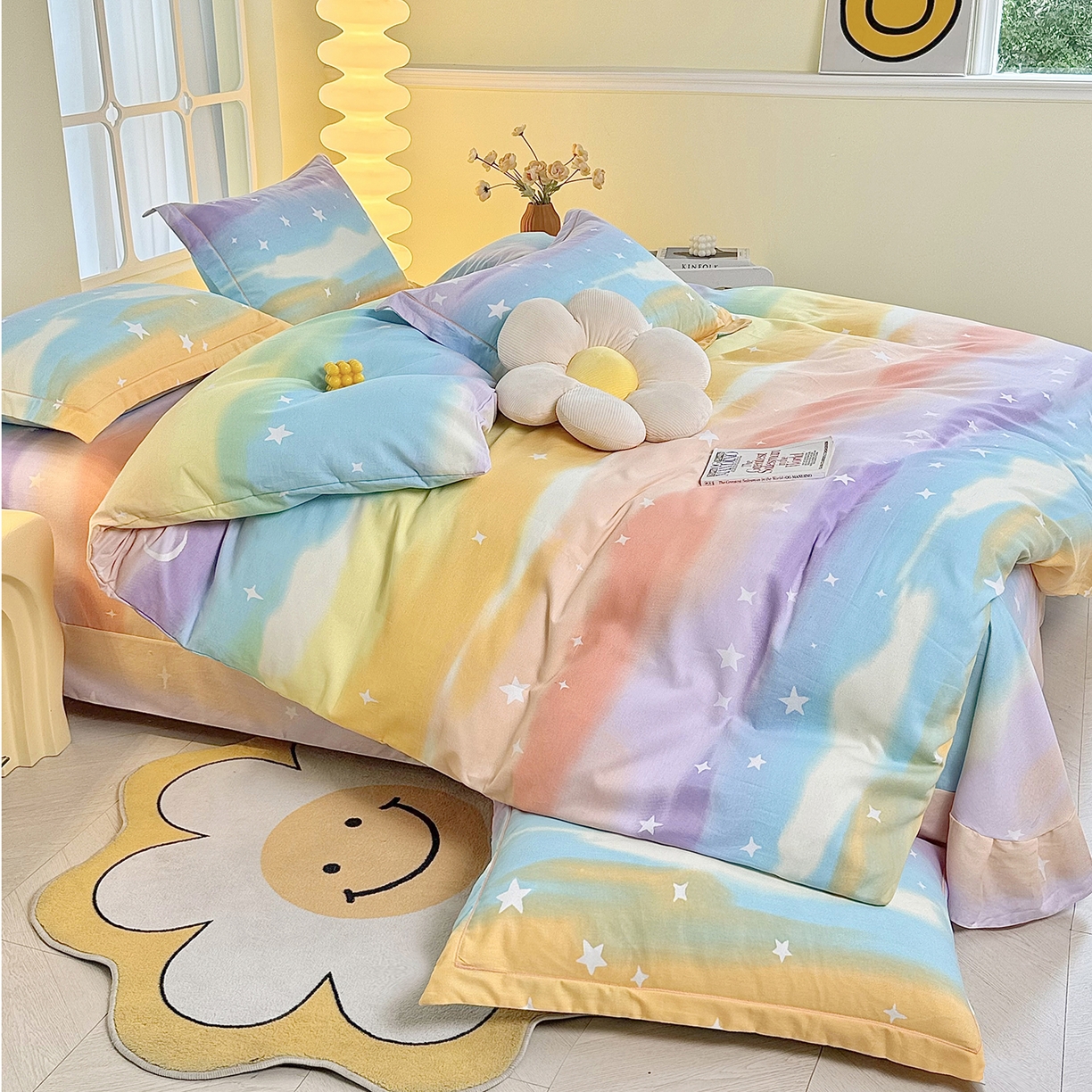 91家纺网 家纺一手货源 找家纺 优尚家纺 2025新款全棉磨毛纯棉喷气印花清新轻奢款四件套 缤纷彩虹