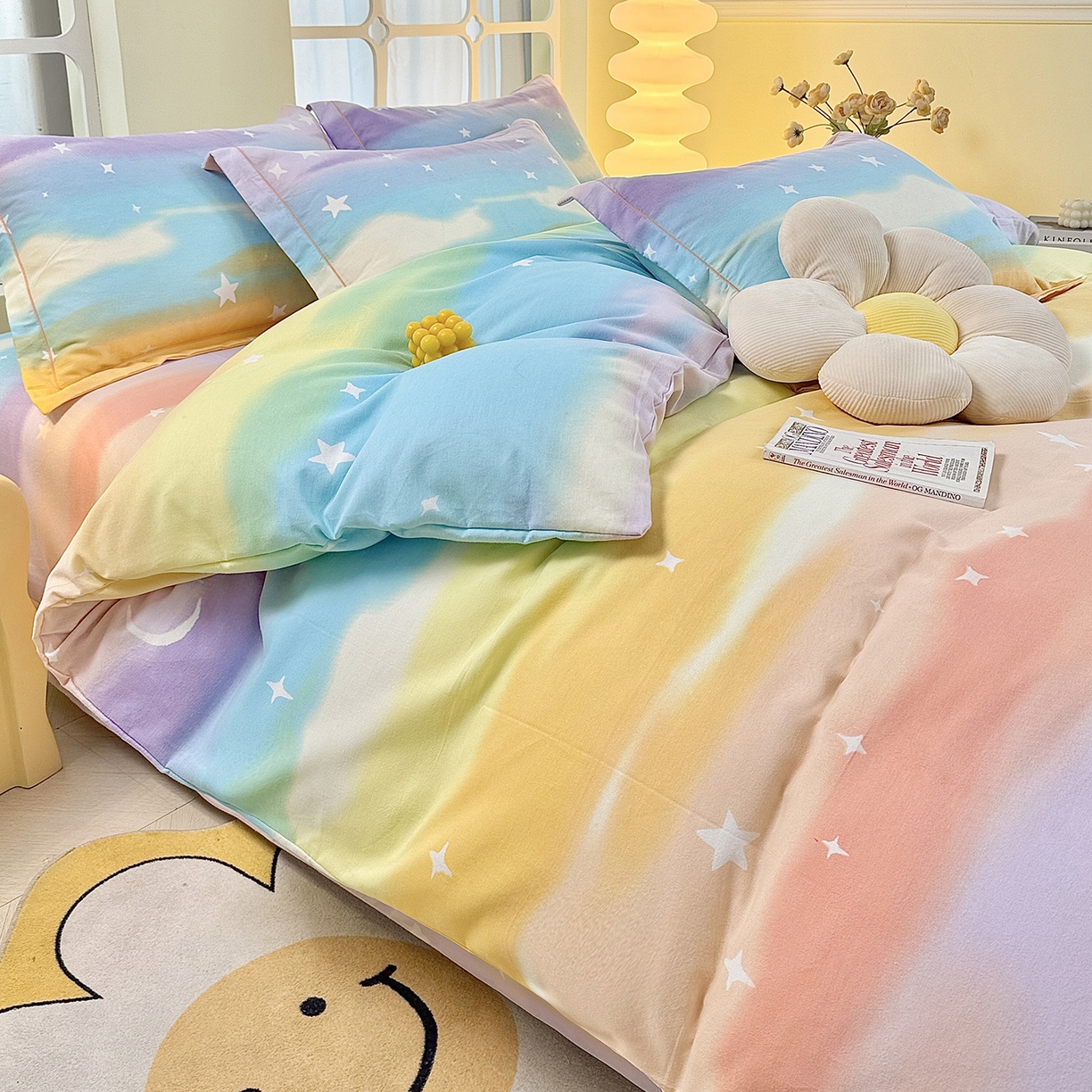 91家纺网 家纺一手货源 找家纺 优尚家纺 2025新款全棉磨毛纯棉喷气印花清新轻奢款四件套 缤纷彩虹