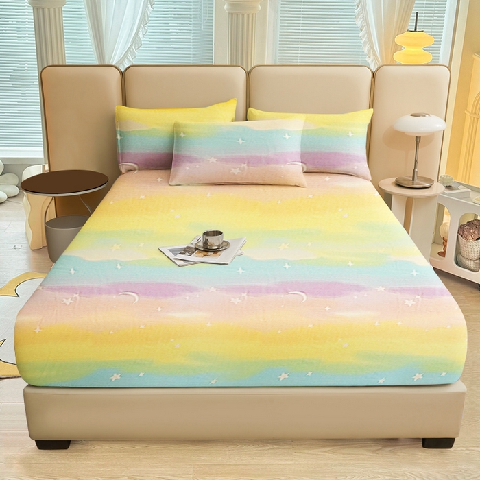 91家纺网 家纺一手货源 找家纺 优尚家纺 2025新款全棉磨毛纯棉喷气印花清新轻奢款四件套 缤纷彩虹