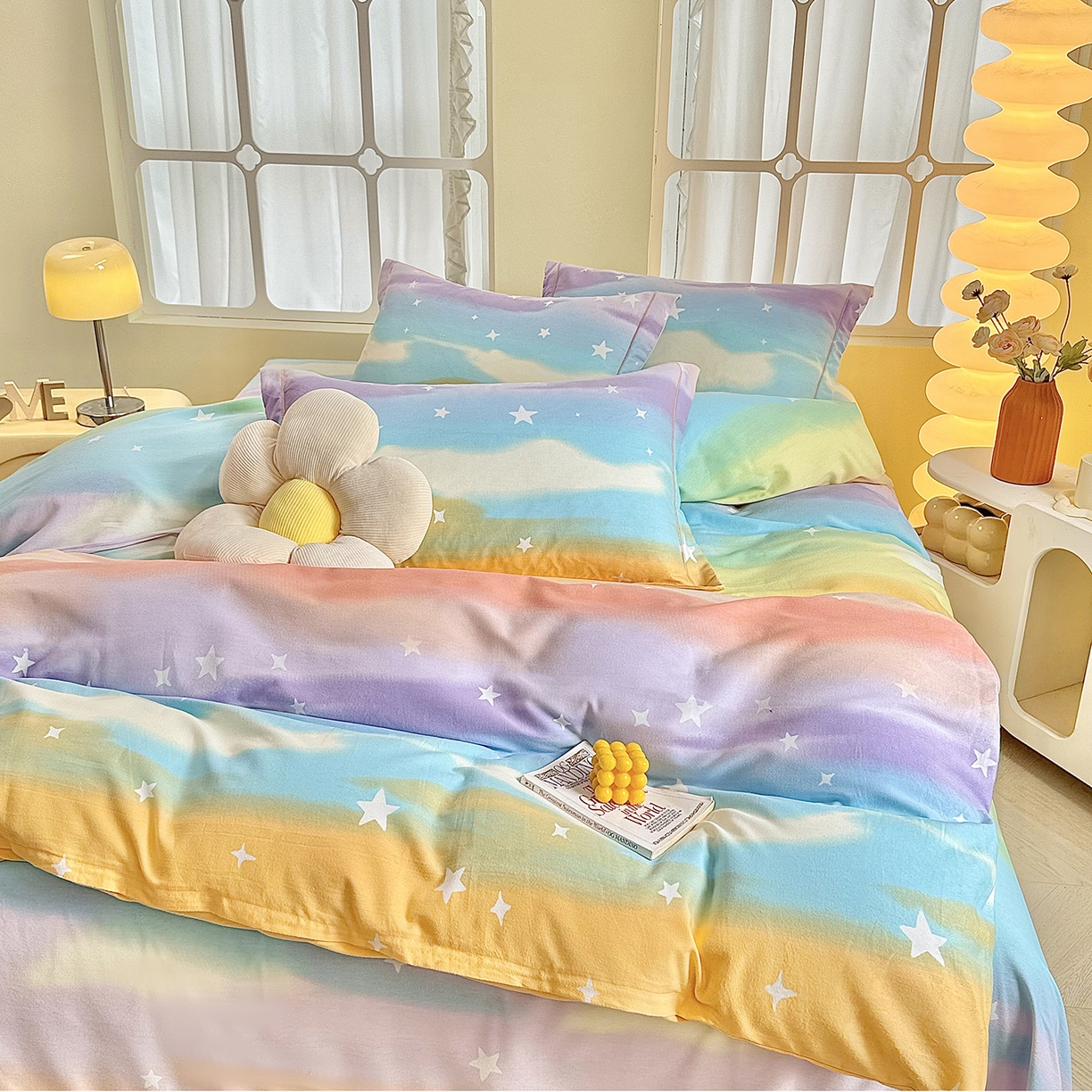 91家纺网 家纺一手货源 找家纺 优尚家纺 2025新款全棉磨毛纯棉喷气印花清新轻奢款四件套 缤纷彩虹