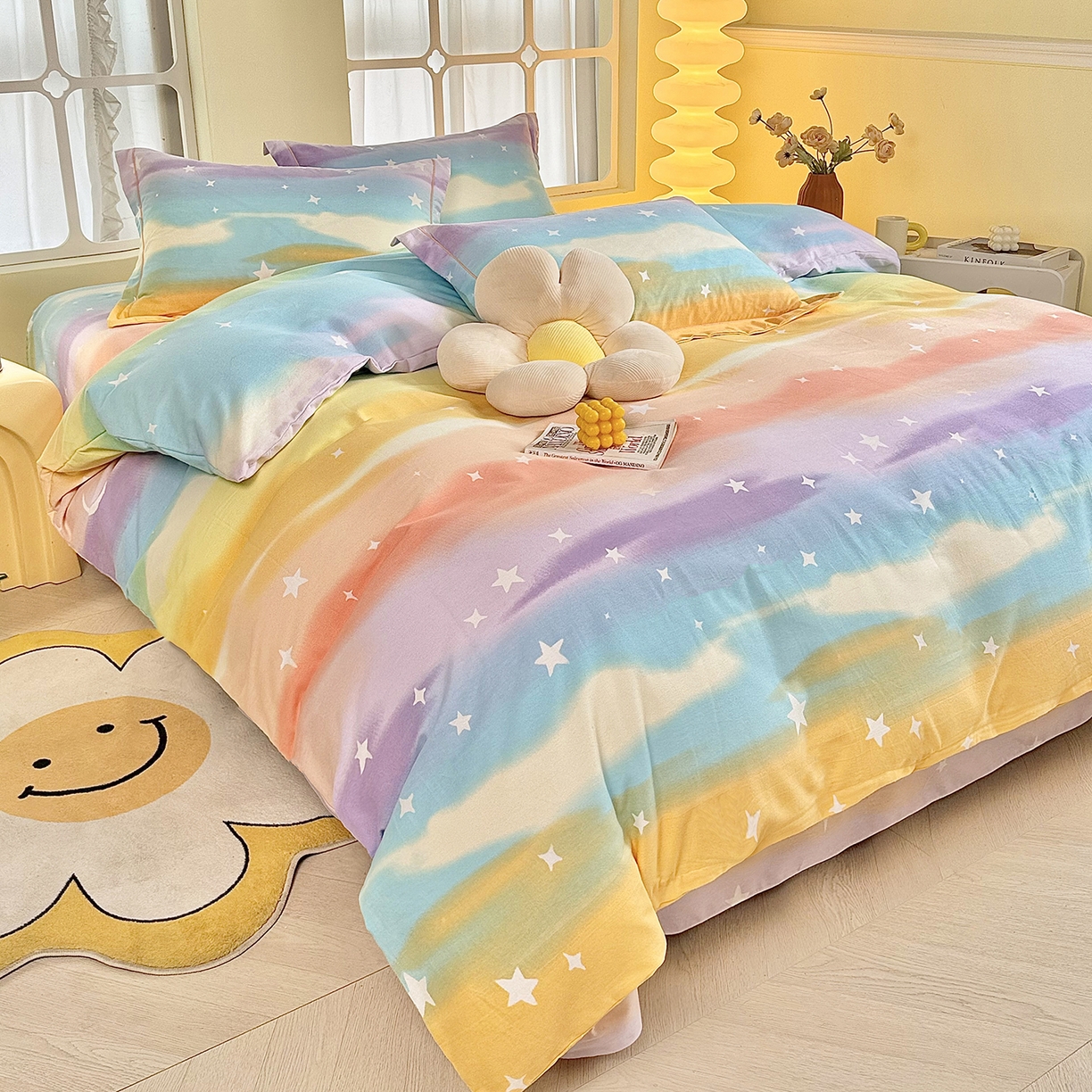 91家纺网 家纺一手货源 找家纺 优尚家纺 2025新款全棉磨毛纯棉喷气印花清新轻奢款四件套 缤纷彩虹