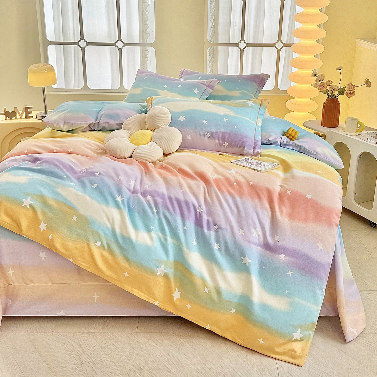 91家纺网 家纺一手货源 找家纺 优尚家纺 2025新款全棉磨毛纯棉喷气印花清新轻奢款四件套 缤纷彩虹