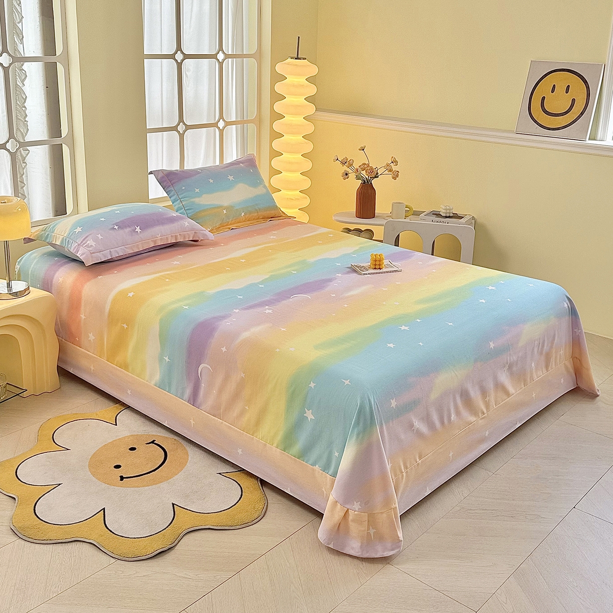 91家纺网 家纺一手货源 找家纺 优尚家纺 2025新款全棉磨毛纯棉喷气印花清新轻奢款四件套 缤纷彩虹