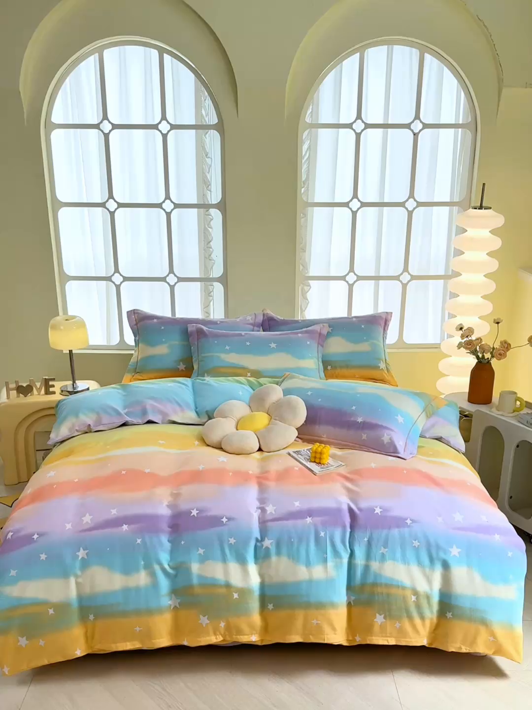 91家纺网 家纺一手货源 找家纺 优尚家纺 2025新款全棉磨毛纯棉喷气印花清新轻奢款四件套 缤纷彩虹