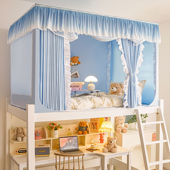 91家纺网 家纺一手货源 找家纺 薇梦蚊帐 2025新款学生宿舍遮光渐变蚊帐 渐变花边-天蓝色