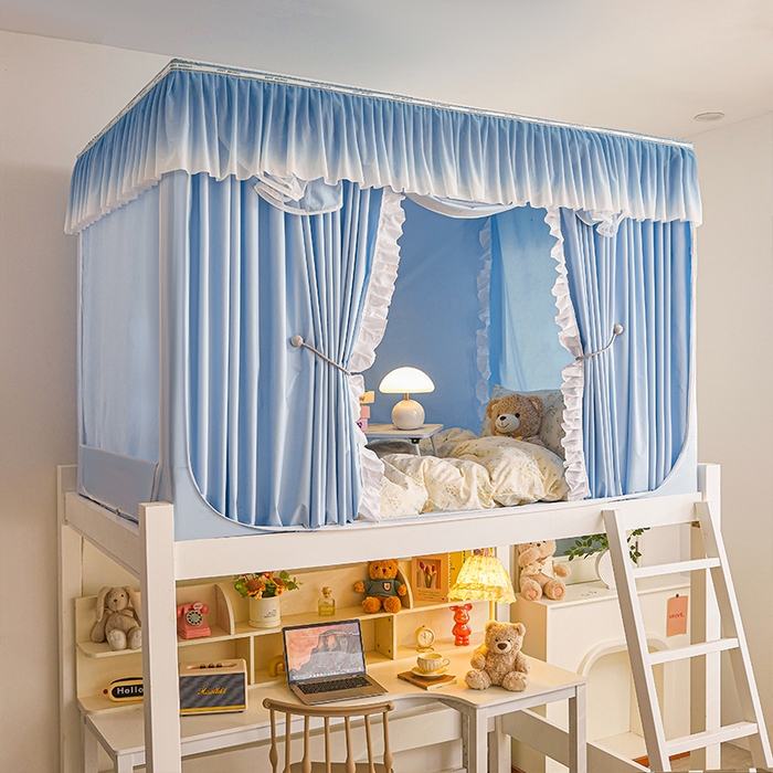 91家纺网 家纺一手货源 找家纺 薇梦蚊帐 2025新款学生宿舍遮光渐变蚊帐 渐变花边-天蓝色