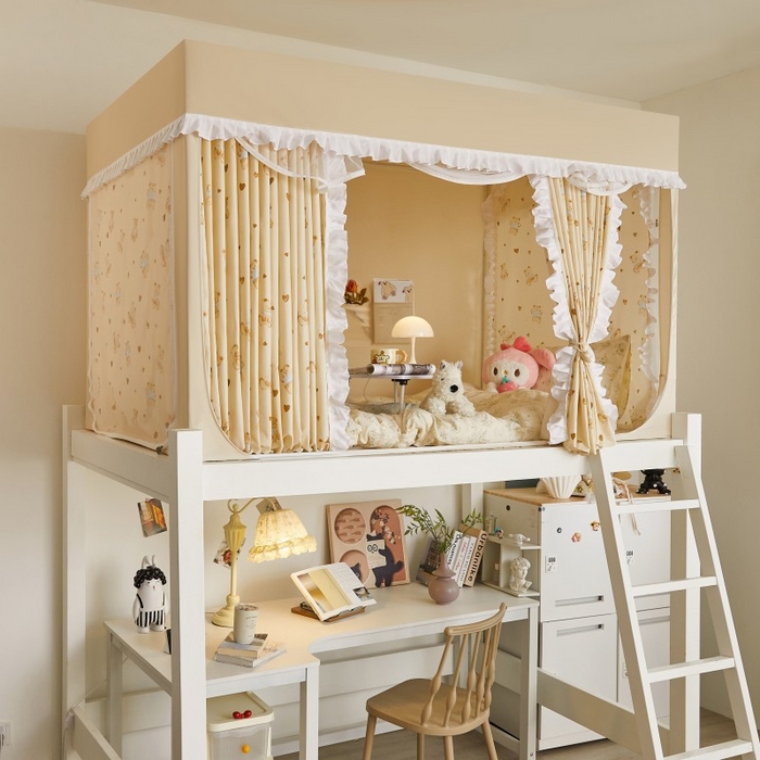 91家纺网 家纺一手货源 找家纺 薇梦蚊帐 2025新款遮光床帘刺绣款学生蚊帐-抱抱熊 可爱熊-卡其