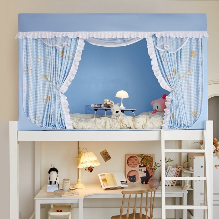 91家纺网 家纺一手货源 找家纺 薇梦蚊帐 2025新款遮光床帘刺绣款学生蚊帐-抱抱熊 好朋友-天蓝