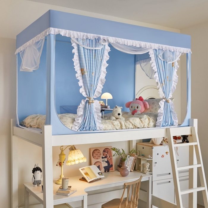 91家纺网 家纺一手货源 找家纺 薇梦蚊帐 2025新款遮光床帘刺绣款学生蚊帐-抱抱熊 好朋友-天蓝