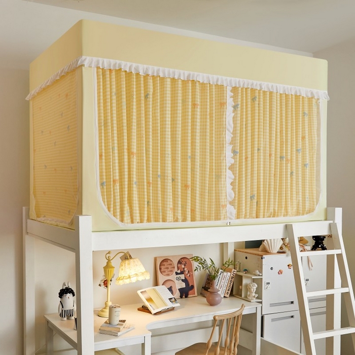 91家纺网 家纺一手货源 找家纺 薇梦蚊帐 2025新款遮光床帘刺绣款学生蚊帐-抱抱熊 蝴蝶结-嫩黄