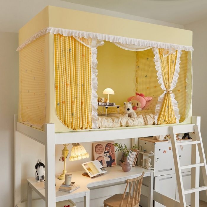 91家纺网 家纺一手货源 找家纺 薇梦蚊帐 2025新款遮光床帘刺绣款学生蚊帐-抱抱熊 蝴蝶结-嫩黄