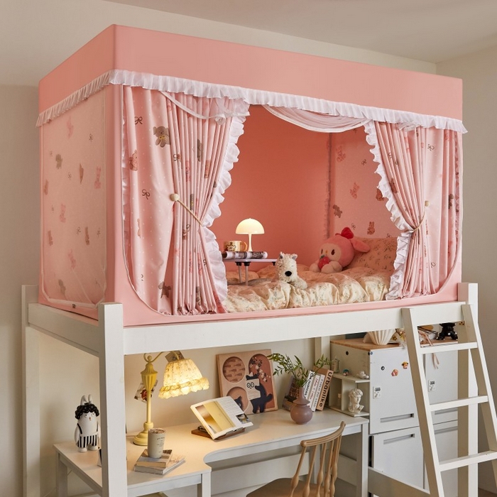 91家纺网 家纺一手货源 找家纺 薇梦蚊帐 2025新款遮光床帘刺绣款学生蚊帐-抱抱熊 幸运熊和狗-粉