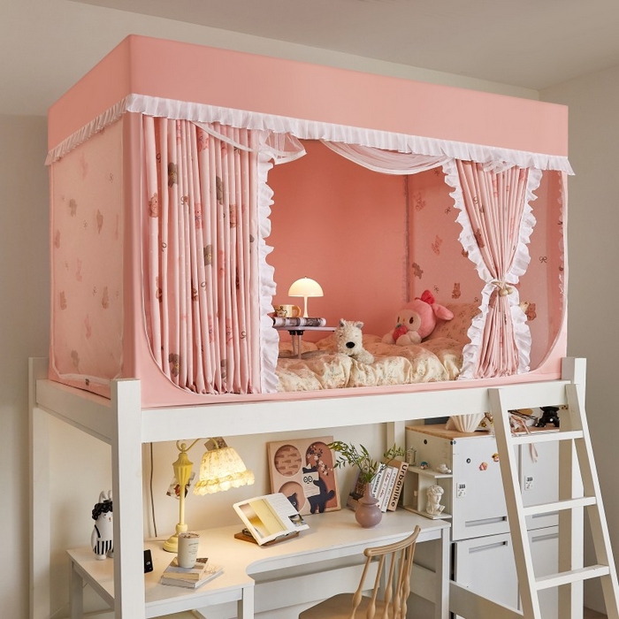 91家纺网 家纺一手货源 找家纺 薇梦蚊帐 2025新款遮光床帘刺绣款学生蚊帐-抱抱熊 幸运熊和狗-粉