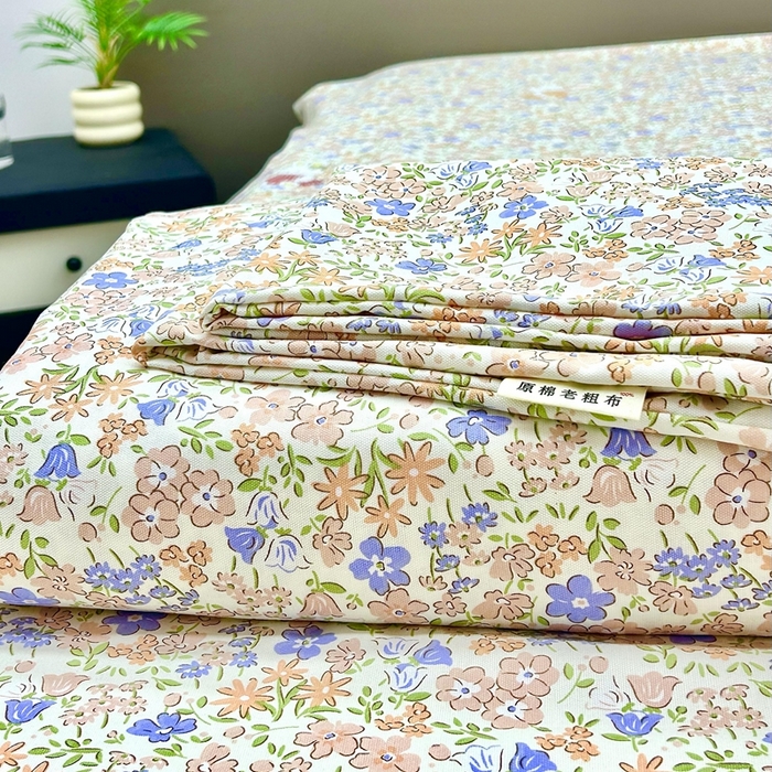 雲归梦 2025新款原棉老粗布床单席子凉席印花三件套 花丛小兔