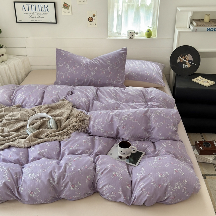 91家纺网 家纺一手货源 找家纺 可可家纺 2025直播热款亲肤有氧提花小竺棉四件套 星辰花紫 