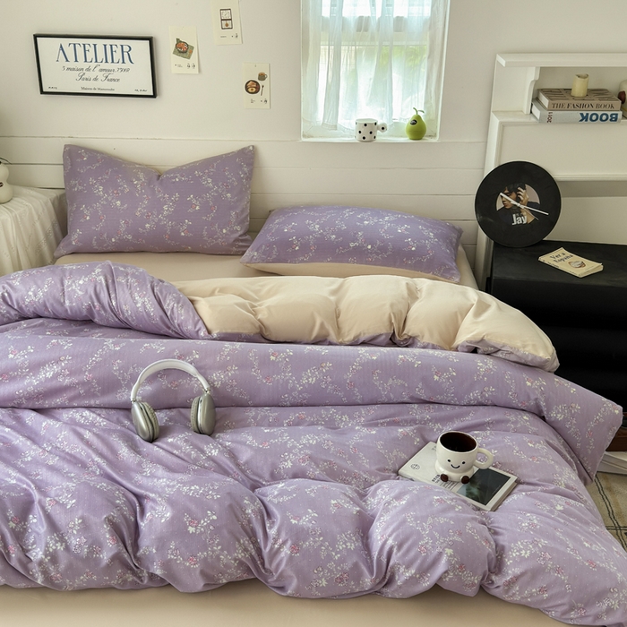 91家纺网 家纺一手货源 找家纺 可可家纺 2025直播热款亲肤有氧提花小竺棉四件套 星辰花紫 