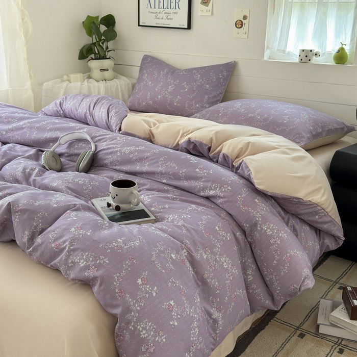 91家纺网 家纺一手货源 找家纺 可可家纺 2025直播热款亲肤有氧提花小竺棉四件套 星辰花紫 