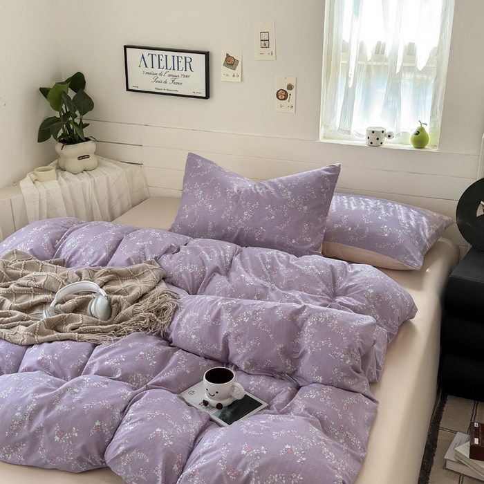 91家纺网 家纺一手货源 找家纺 可可家纺 2025直播热款亲肤有氧提花小竺棉四件套 星辰花紫 