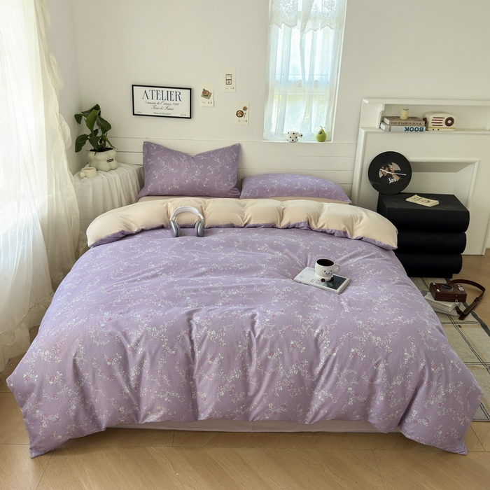 91家纺网 家纺一手货源 找家纺 可可家纺 2025直播热款亲肤有氧提花小竺棉四件套 星辰花紫 