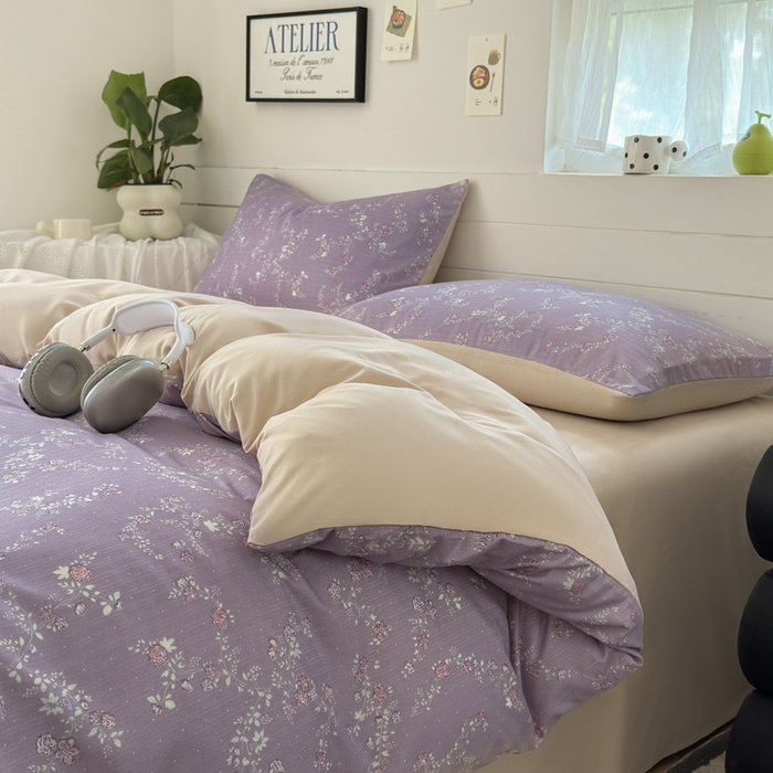 91家纺网 家纺一手货源 找家纺 可可家纺 2025直播热款亲肤有氧提花小竺棉四件套 星辰花紫 