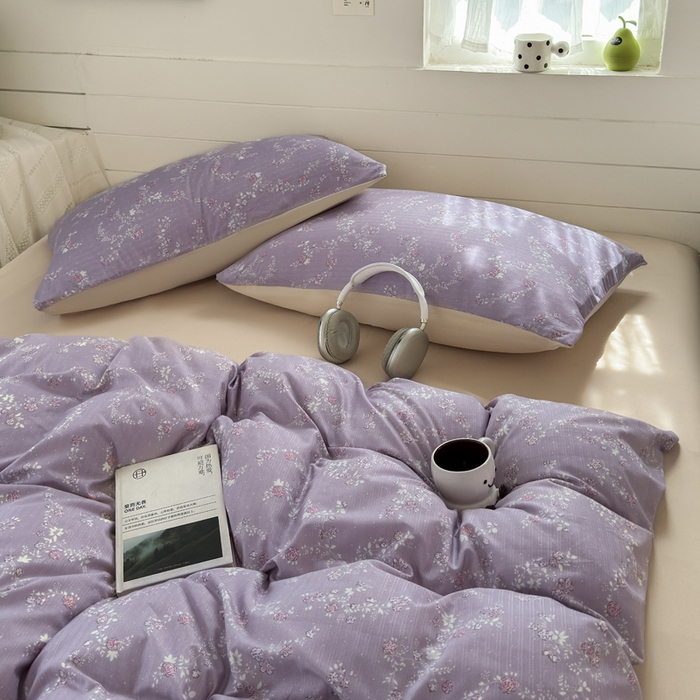 91家纺网 家纺一手货源 找家纺 可可家纺 2025直播热款亲肤有氧提花小竺棉四件套 星辰花紫 