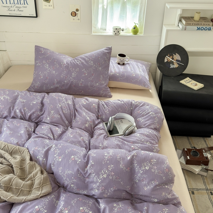 91家纺网 家纺一手货源 找家纺 可可家纺 2025直播热款亲肤有氧提花小竺棉四件套 星辰花紫 