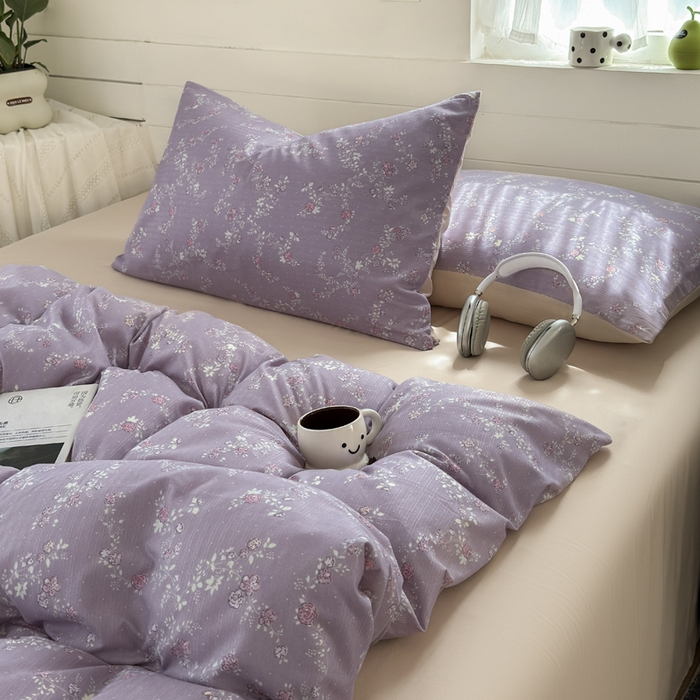 91家纺网 家纺一手货源 找家纺 可可家纺 2025直播热款亲肤有氧提花小竺棉四件套 星辰花紫 