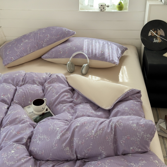 91家纺网 家纺一手货源 找家纺 可可家纺 2025直播热款亲肤有氧提花小竺棉四件套 星辰花紫 