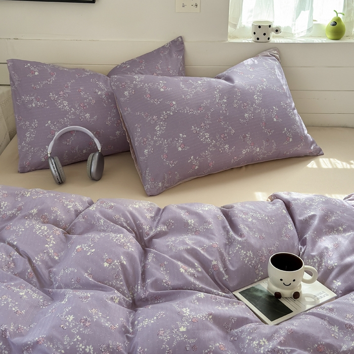 91家纺网 家纺一手货源 找家纺 可可家纺 2025直播热款亲肤有氧提花小竺棉四件套 星辰花紫 