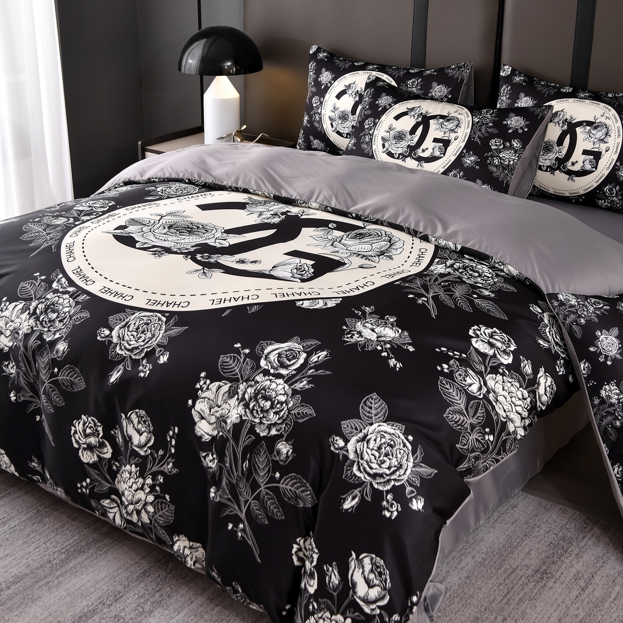 91家纺网 家纺一手货源 找家纺 娜娜 2025新款水洗真丝数码印花四件套 黑牡丹