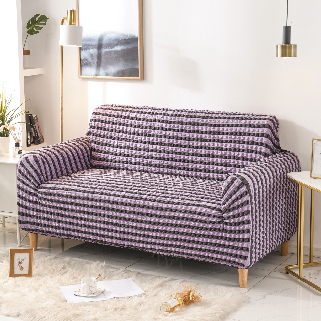 91家纺网 家纺一手货源 找家纺 布兰鸟【沙发套】 2025新款泡纱沙发套【英文常规款】 双色紫