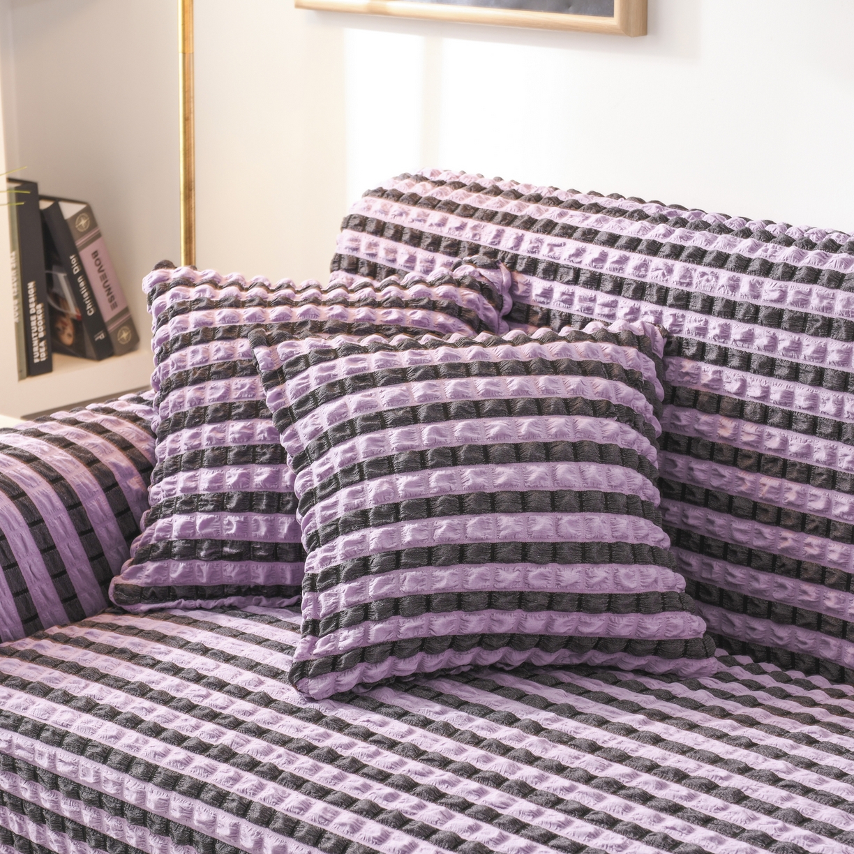 91家纺网 家纺一手货源 找家纺 布兰鸟【沙发套】 2025新款泡纱沙发套【英文常规款】 双色紫