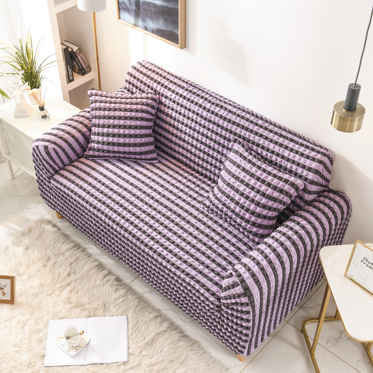 91家纺网 家纺一手货源 找家纺 布兰鸟【沙发套】 2025新款泡纱沙发套【英文常规款】 双色紫