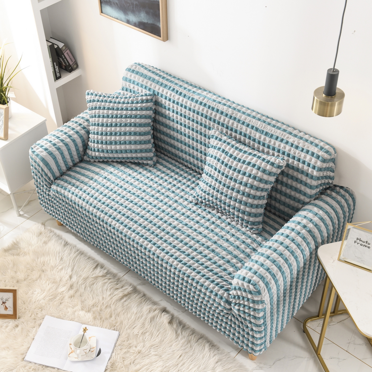 91家纺网 家纺一手货源 找家纺 布兰鸟【沙发套】 2025新款泡纱沙发套【英文常规款】 双色蓝