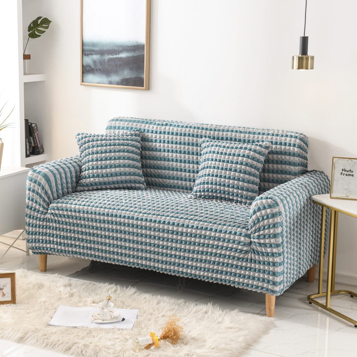 91家纺网 家纺一手货源 找家纺 布兰鸟【沙发套】 2025新款泡纱沙发套【英文常规款】 双色蓝